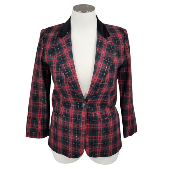 Radcliffe Vintage Wool Blend Tartan Plaid Christmas Holiday Blazer Velvet Collar - Picture 1 of 11